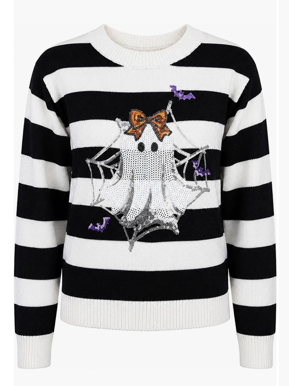 Zunie Black & White Striped Ghost Sequin Sweater
